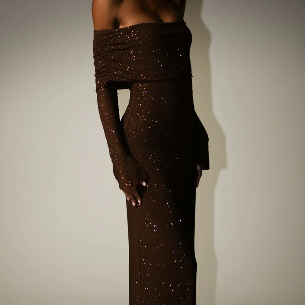 Meshki Marcel Off Shoulder Diamante Maxi Dress - Chocolate - Picture 3 of 4